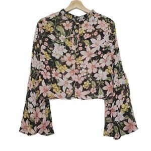 Ups & Downs | Bell Flare Sleeve High Neck Keyhole Back Sheer Floral Crop Top 70s
